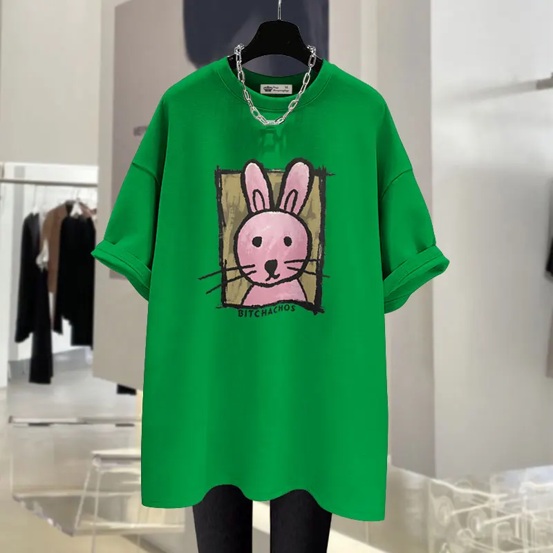 

Summer Pure Cotton Y2k Chic Pullovers Women Fashion Rabbit Printed Loose T-shirt O-neck Casual Short Sleeve Tops