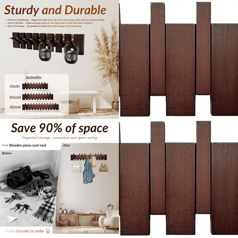 

Wooden Piano Key-Style Coat Rack with 8 Hooks for Wall Mounting - Perfect for Entryway, Hanging Clothes, Towels, Hats, and Leash