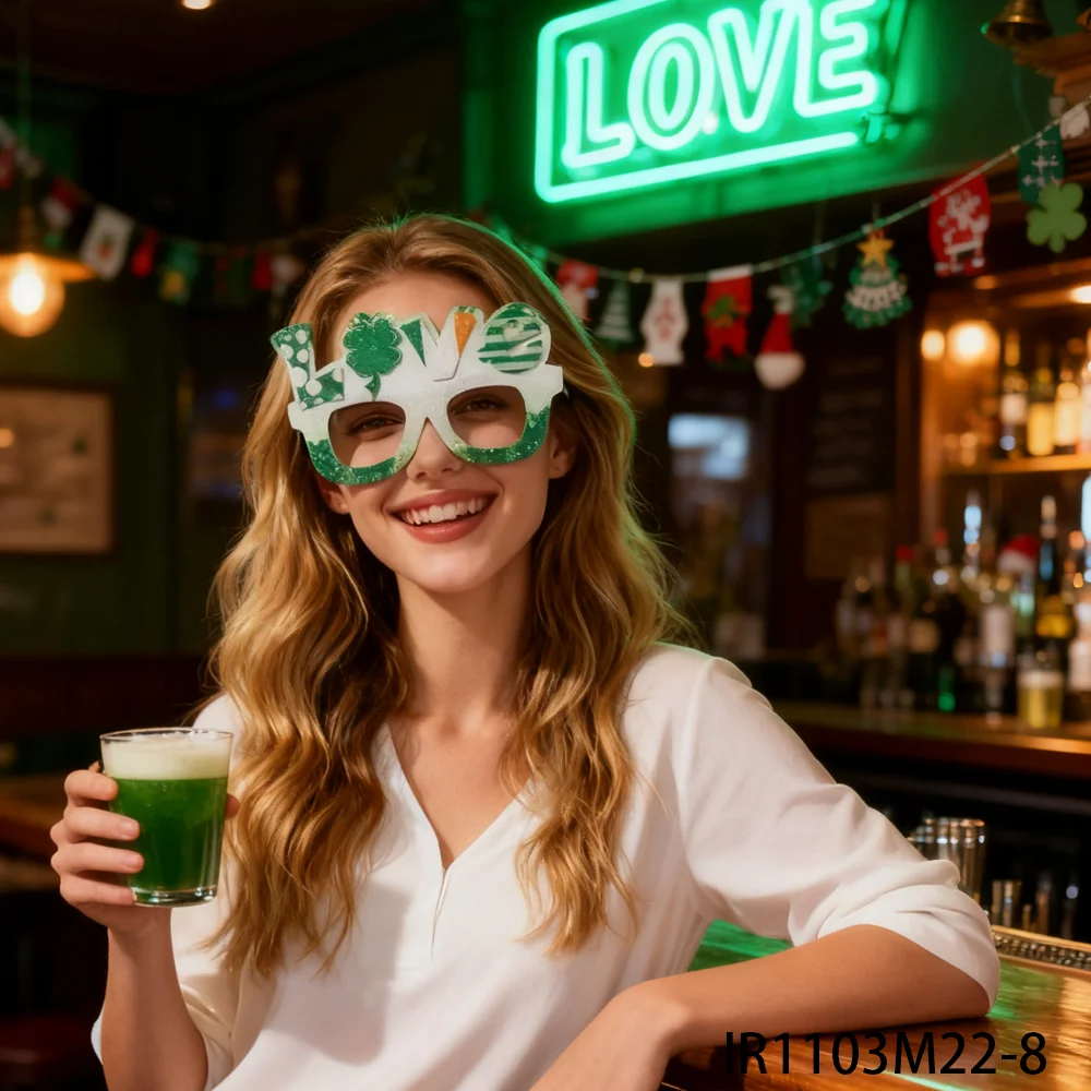 

St Patrick's Day green glitter shamrock 'LOVE' fun glasses suitable for St. Patrick's Day celebrations and cosplay party outfits