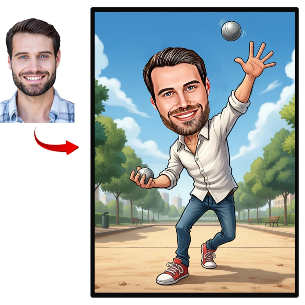 Impresiones de caricaturas personalizadas de jugadores de petanca, retratos de dibujos animados a partir de fotos, póster, regalo personalizado de petanca, regalos para amantes del bocce