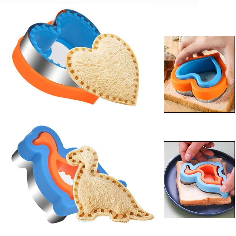 2Pcs Sandwich Cutters Cookie Mold Heart Dinosaur Shape Bread Cutter Sandwich Maker Kitchen Tools Sandwich Cutter Sealer for Kids