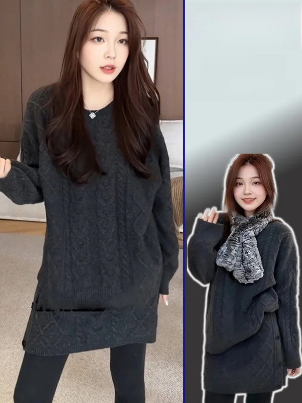

Комплект: свитер с круглым вырезом в корейском стиле больших размеров и юбка с высокой талией. Теплый, утолщенный, зимний, модный повседневный наряд.