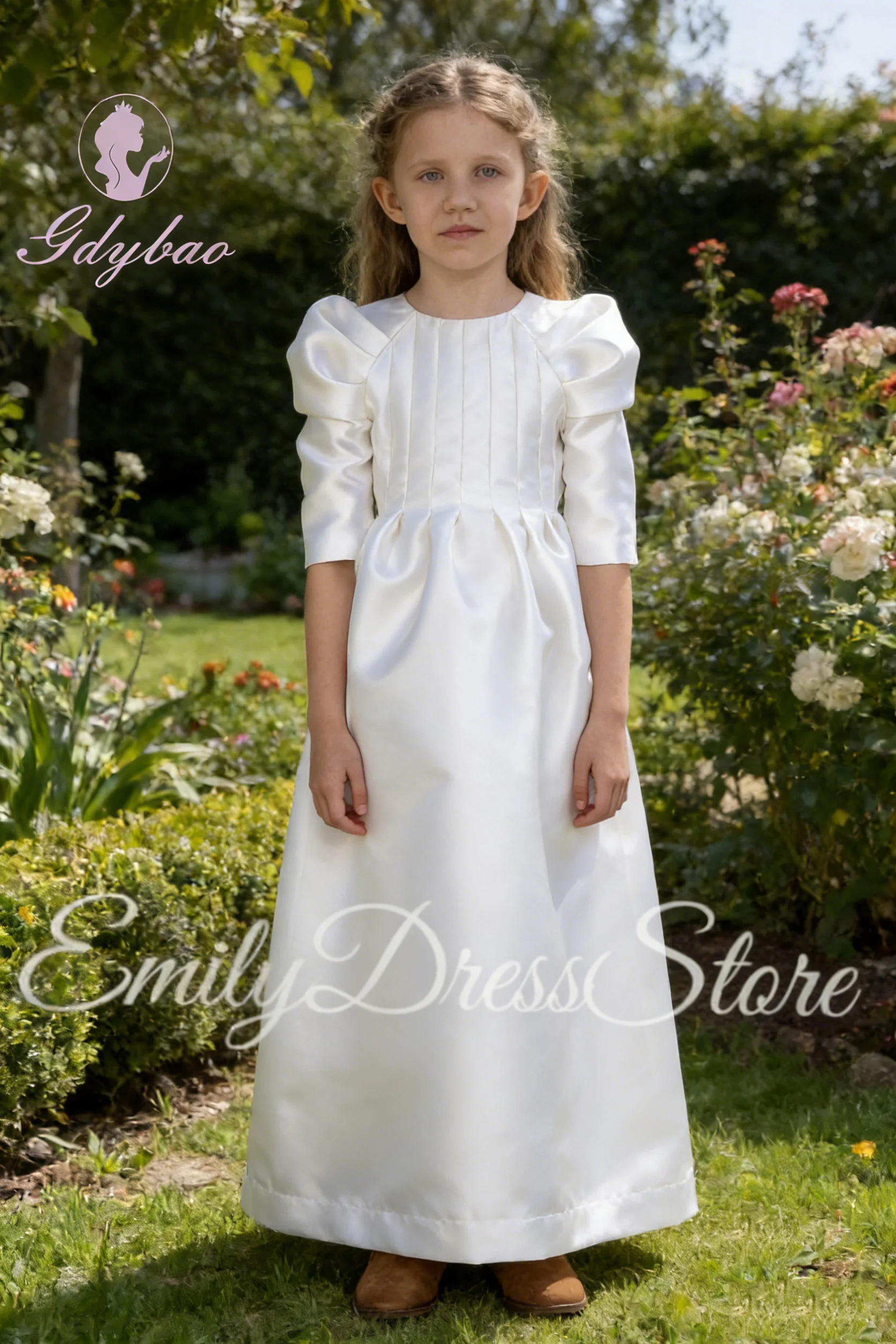 

Customized Ivory Bridesmaid Flower Girl Dress For Wedding Satin Pleated Puffy High Waist Kids Birthday First Communion Gown