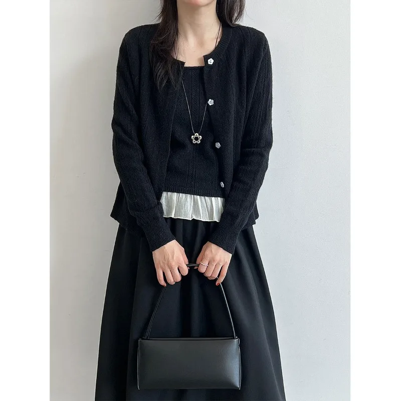 Two-piece Knitted Cardigan Set for Women Autumn Fashion Featuring A Sweet. Sweater Coat and A Halter Top Solid Color Casual .