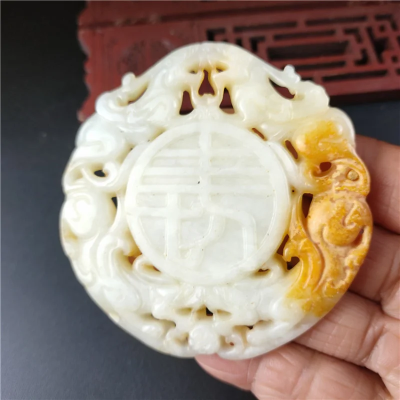 Antique Jade Crafts Xiuyan Jade Double-Sided Workers Hollow out Four Beasts around Longevity Jade Pendant Jade Pendant Wholesale