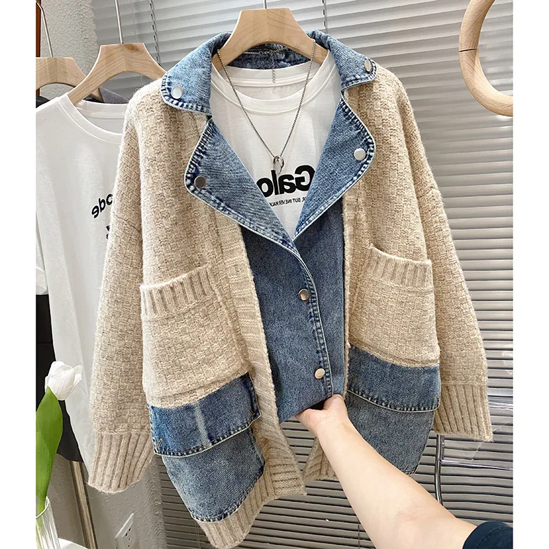 2024 New Autumn Winter Women Splicing Denim Jacket Women Long Sleeve Jean Jackets Female Loose Sweater Cardigan Jacket