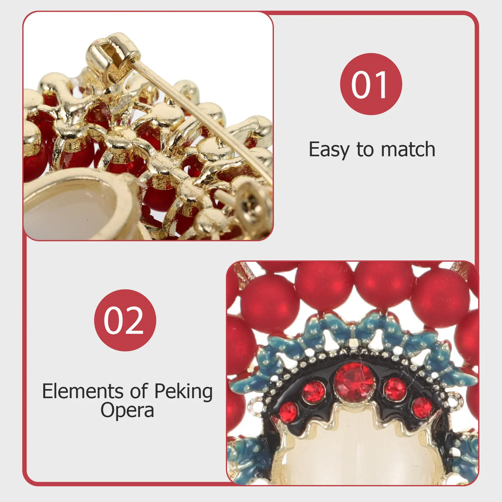 Chinese Style Brooch Pin Red Peking Opera Design Decorative Brooch for Coats Cardigans Scarves Bags Women Clothing Accessory