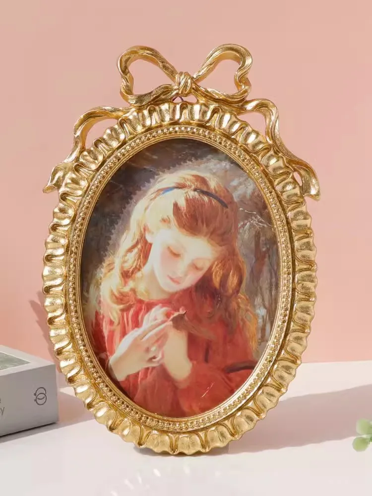 Nordic Retro Bow Shaped Photo Frame, Imitation Wood Flower Carved Oval Shaped Tabletop Photo Frame
