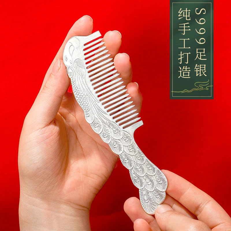 Silver Comb 999 Sterling Silver Anti-Hair Loss Anti-Static Massage Comb High-End Household Men and Women Small Makeup Comb