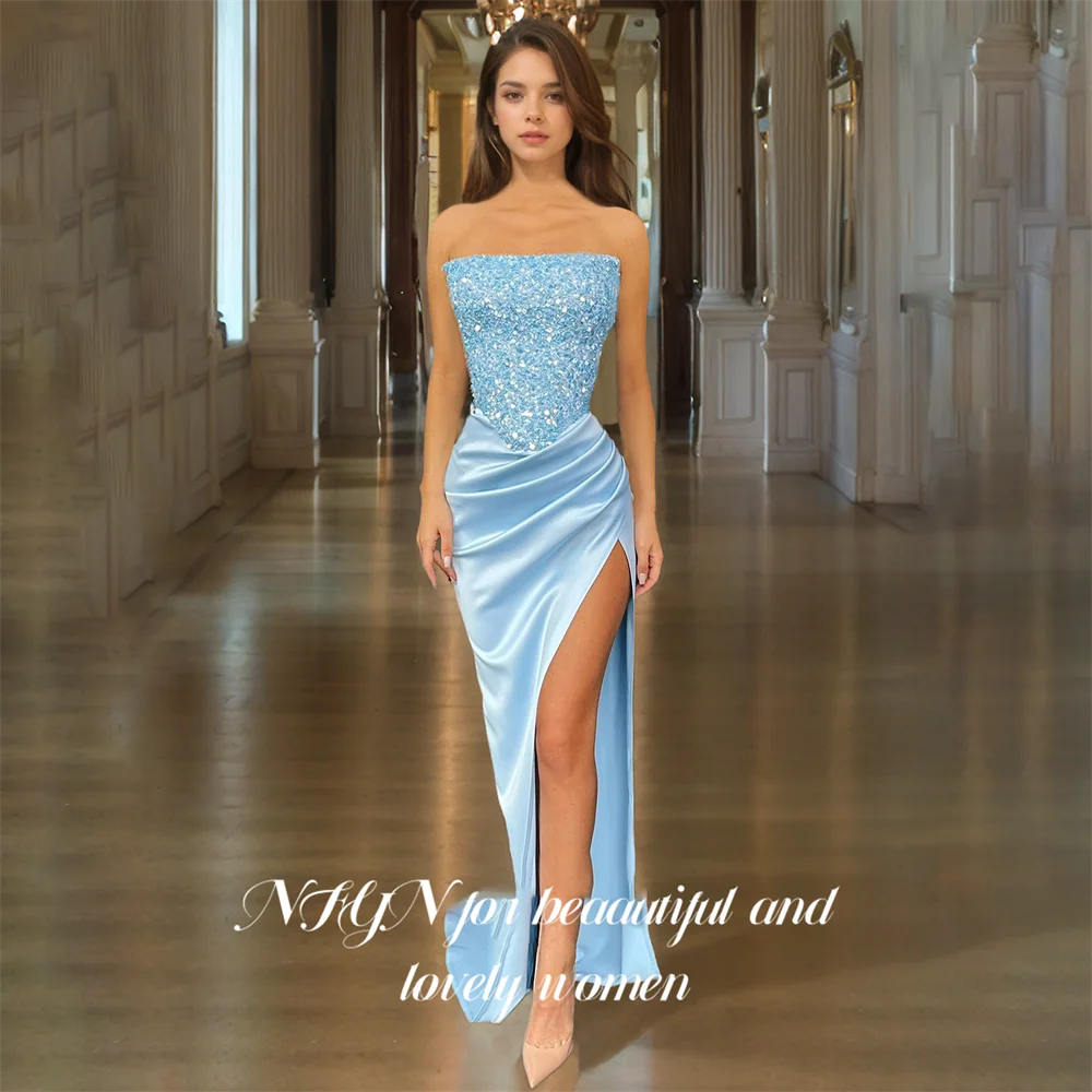 NFYN Sky Blue Prom Dress Stain Backless Mermaid Celebrity Dresses Sequines Side High Split Woman Evening Dress 프롬 드레스 Customized