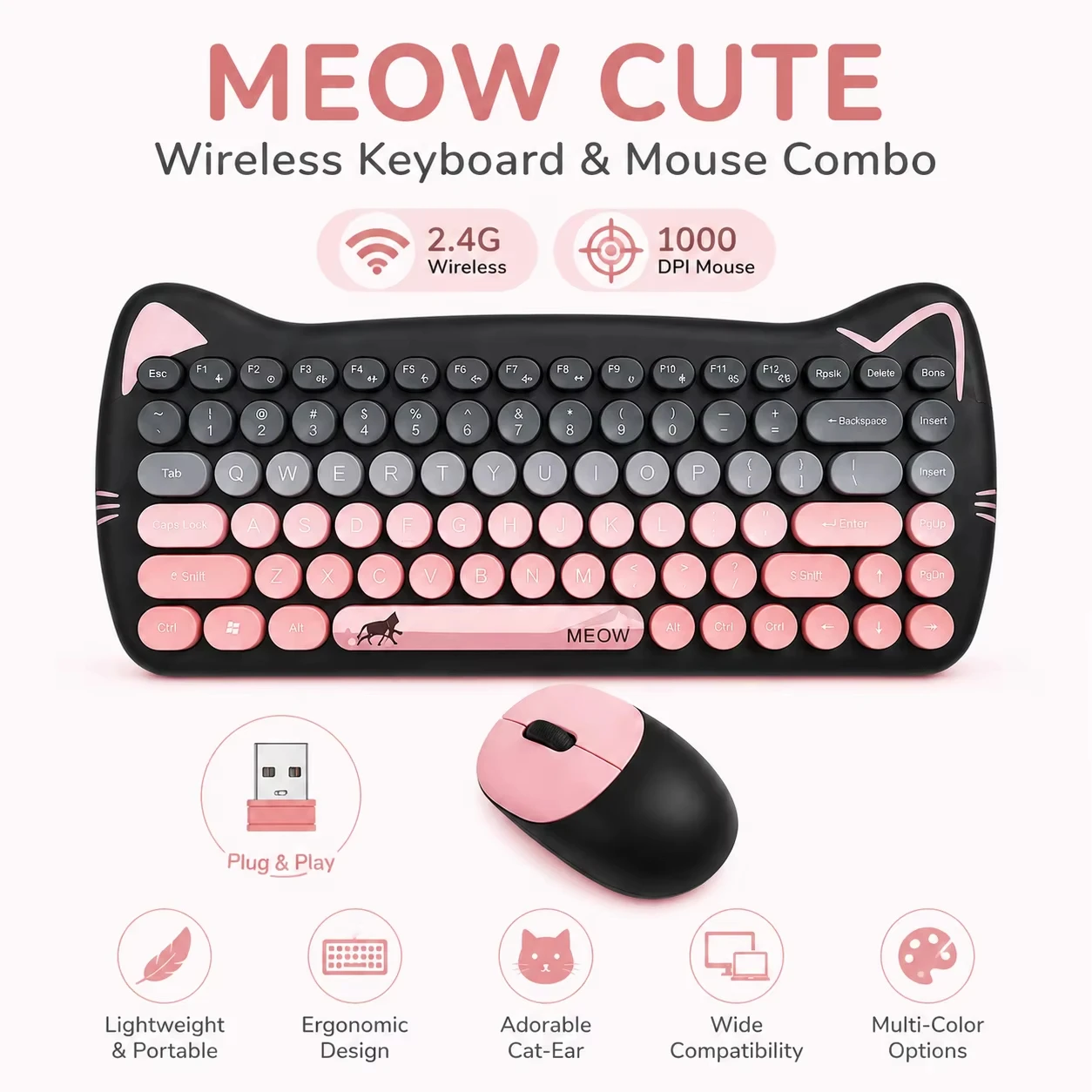 2.4G Wireless Cute Keyboard and Mouse Combo Ergonomic Design Girls Office/Study PC Keyboard And Mouse Set For Computer Laptop
