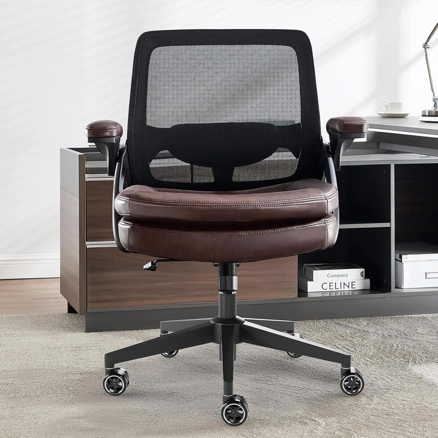 Big and Tall Office Chair, 500lbs Heavy Duty Ergonomic Mesh, Brown | Flip-Up Armrests, Plus Size PU Leather Wide, Customized