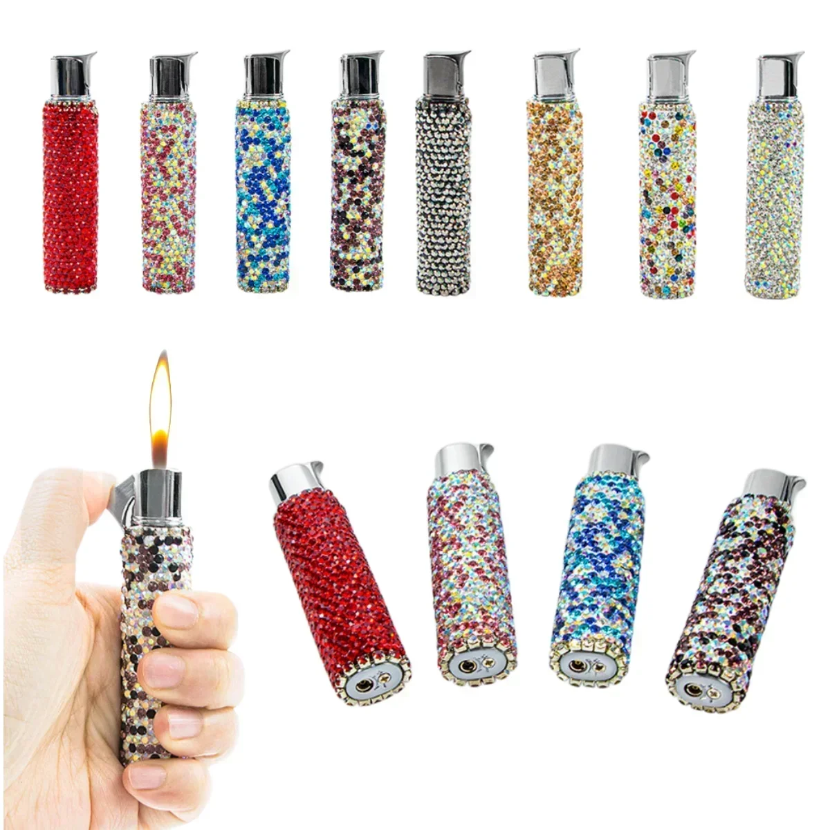 Luxury Diamond Inflatable Lighter Metal Inlaid Diamond Butane Portable Lighter Cigarette Accessories Fashion Women\'s Gift