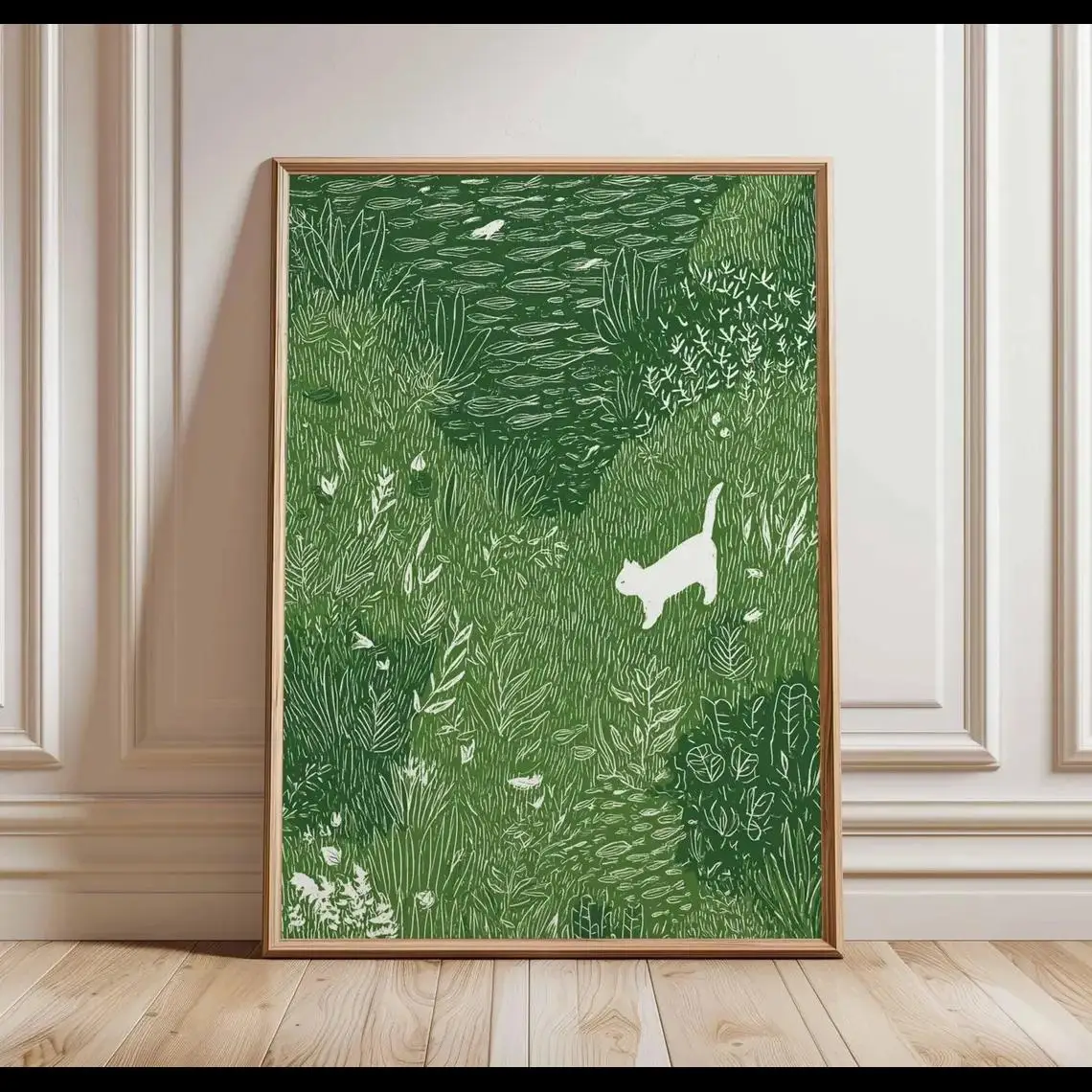 White Cat in Meadow Poster Whimsical Animal Wall Art Nature Grass Field Print Playful Cat Illustration Decor