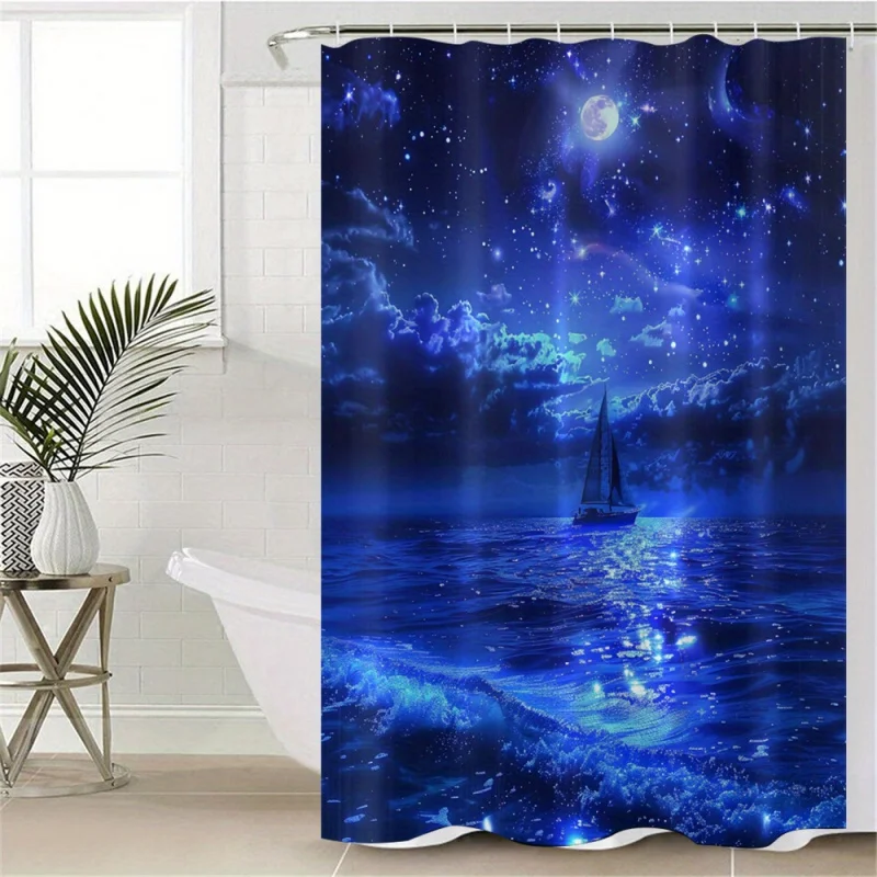 Ocean Blue 3D Print Waterproof Shower Curtain Set with Hooks - Includes Bath Mat & U-Shaped Rug, Machine Washable, Polyester