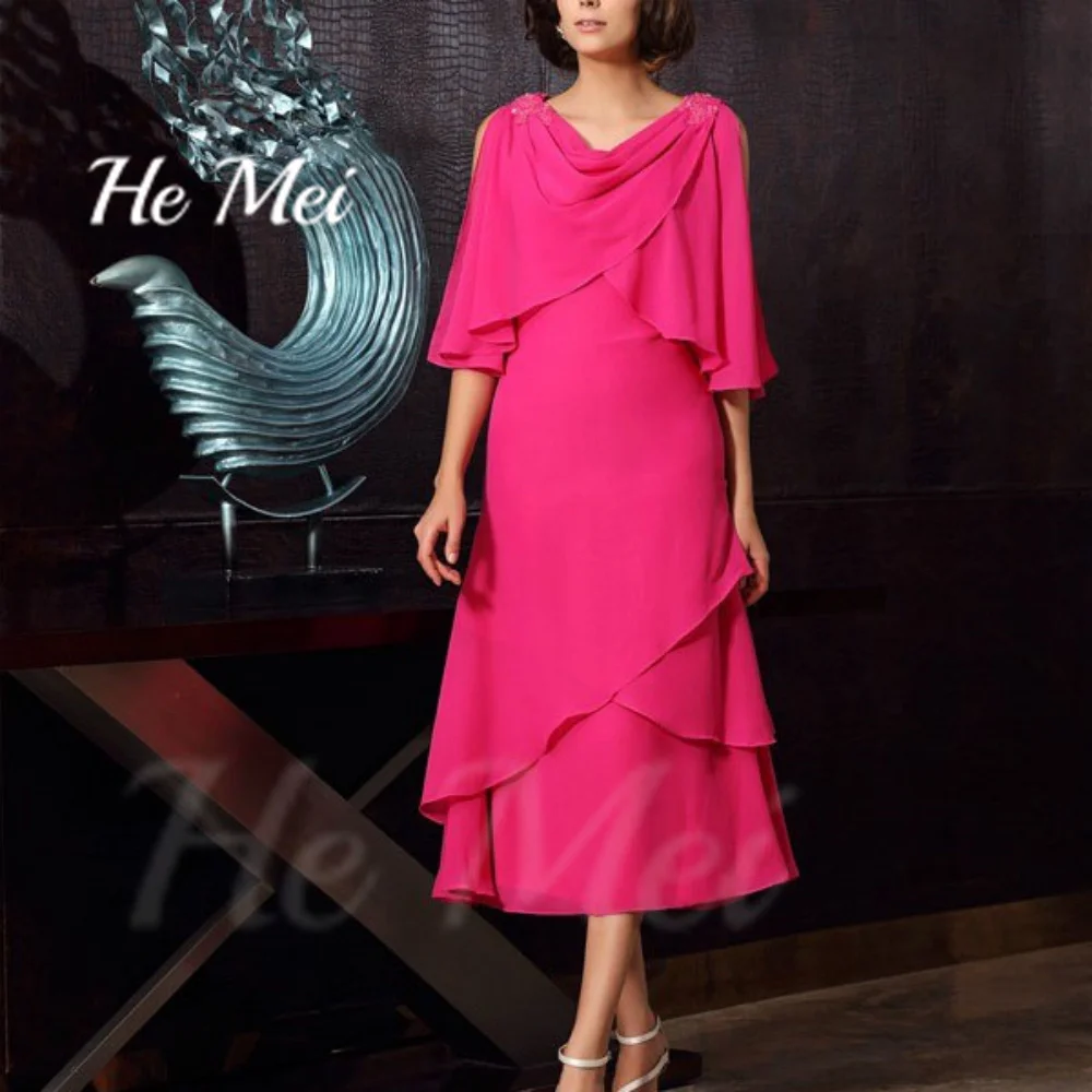 

He Mei Simple Women Gowns Chiffon Casual V-Neck Formal Dress Tank Mid Calf Length Mother Dresses Robes Invitée Mariage