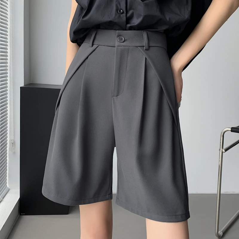 

QOERLIN S-4XL Half Shorts Women Bermuda Suit Shorts Elegant Loose Casual High Waist Wide Leg Elastic Waist Black Shorts Summer