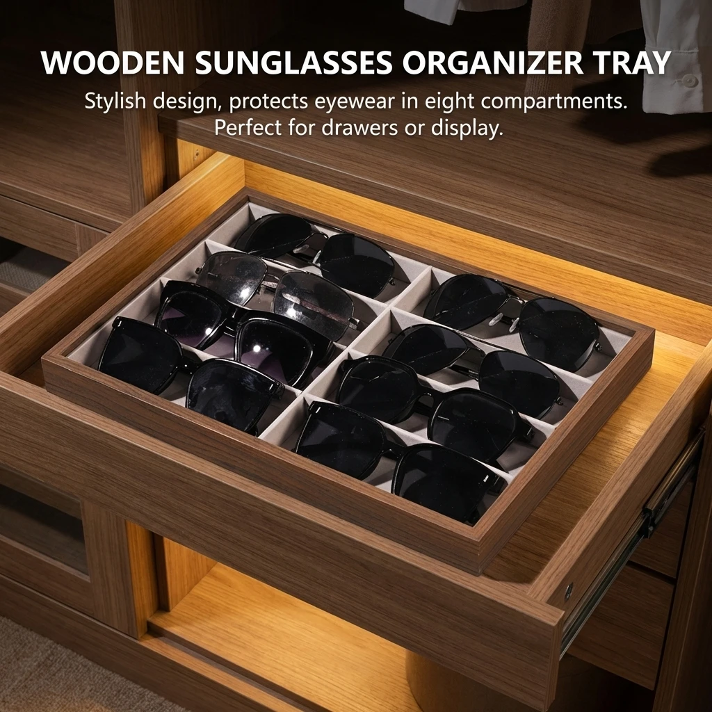 Walnut Sunglasses Display Stand with Storage for Live Streaming and Stall Use Multi-functional Eyewear Organizer