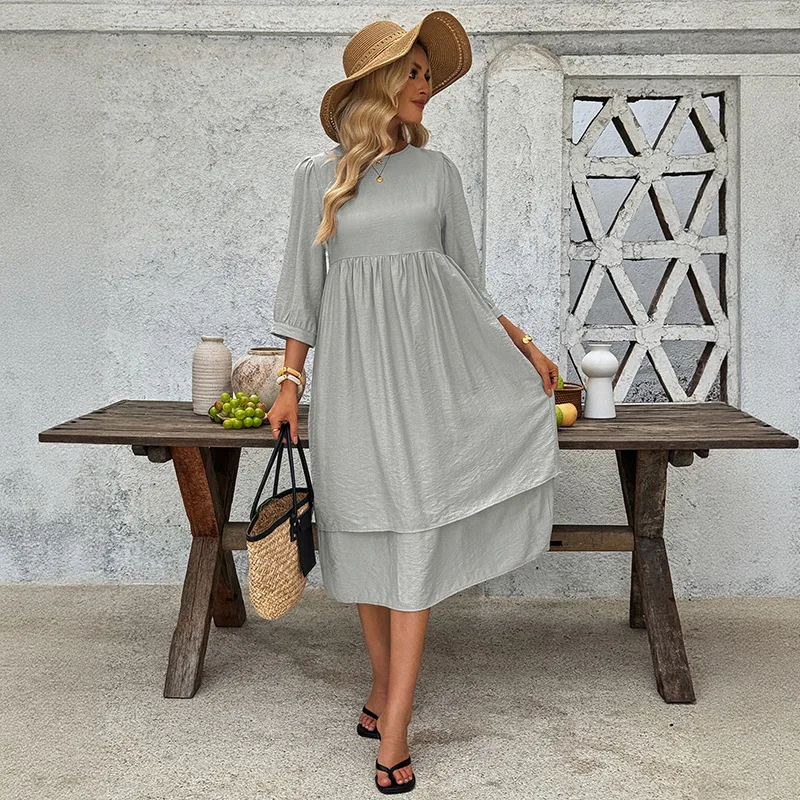 Férias lazer simples vento em torno do pescoço em camadas manga de cinco pontos solto vestido de cor sólida