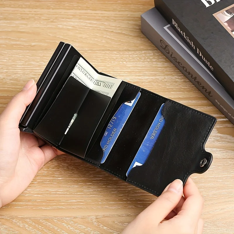 RFIDShieldPULather Automatic Pop-up Card Clamp,Double Aluminum Alloy Credit Card Wallet,With More than One Card Slots