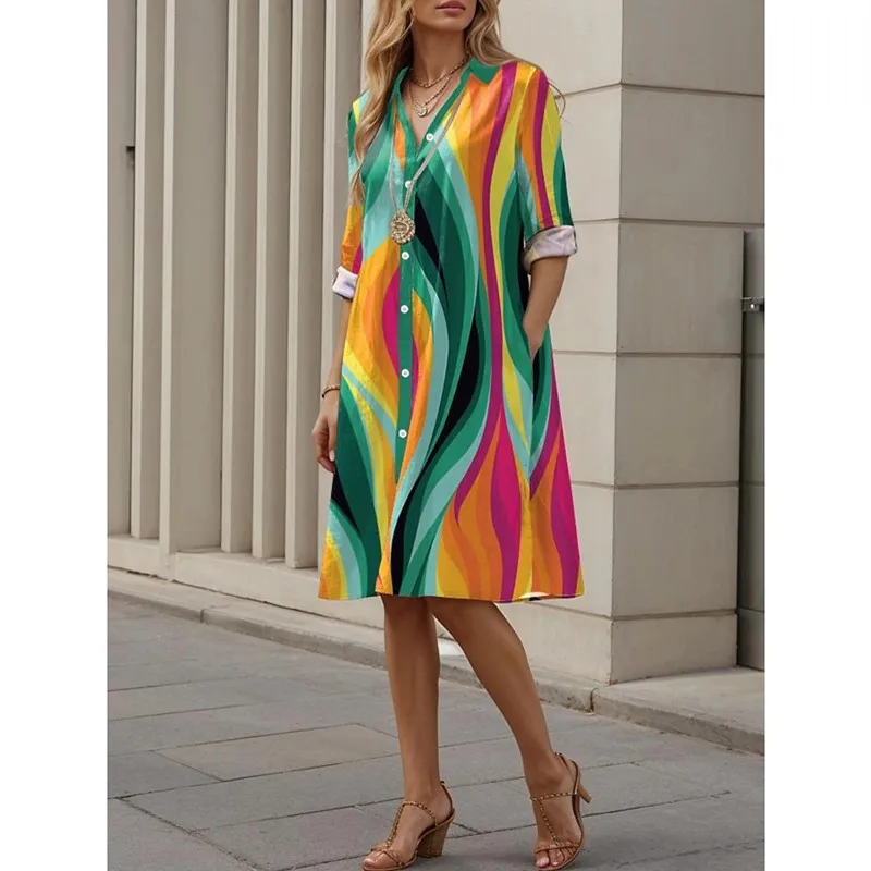 Blouses Dress for Women Summer 2024 Elegant Dress Printing Prom Luxury Shirt Dress Loose Turn-Down Collar Pocket Tops dress