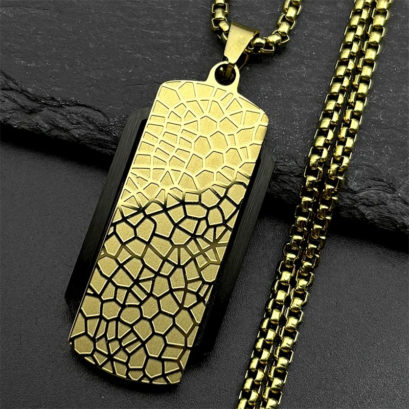 Geometrisches Muster Hundemarken-Anhänger Halskette für Männer Edelstahl Schwarz Gold Farbe Hip-Hop Kastenkette Geschenk für Freund Schmuck