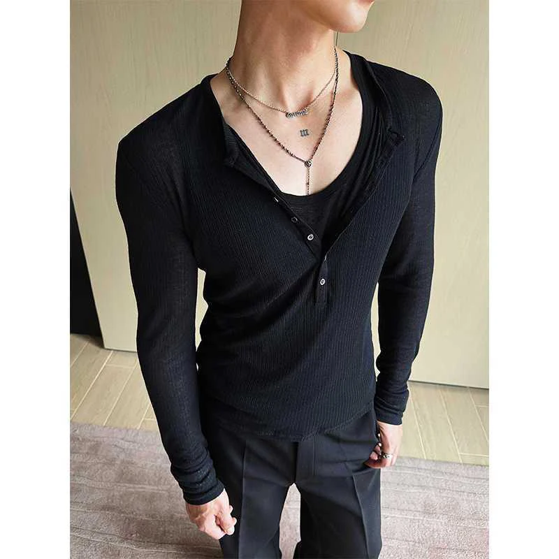 Men Henley Long Sleeve Sheer Knit Tee Summer Ice Silk Sun Protection Top American Lazy Deep V Neck Breathable Slim Casual Shirts