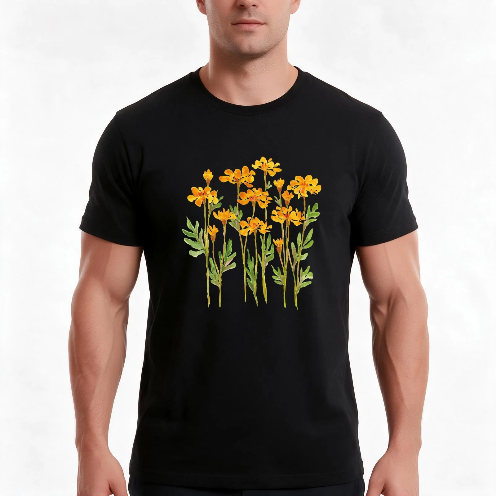 Golden Marigold Flowers T-Shirt Summer Casual Cotton Tee Oversized Streetwear Tops Vintage Graphic Print Unisex Men Women