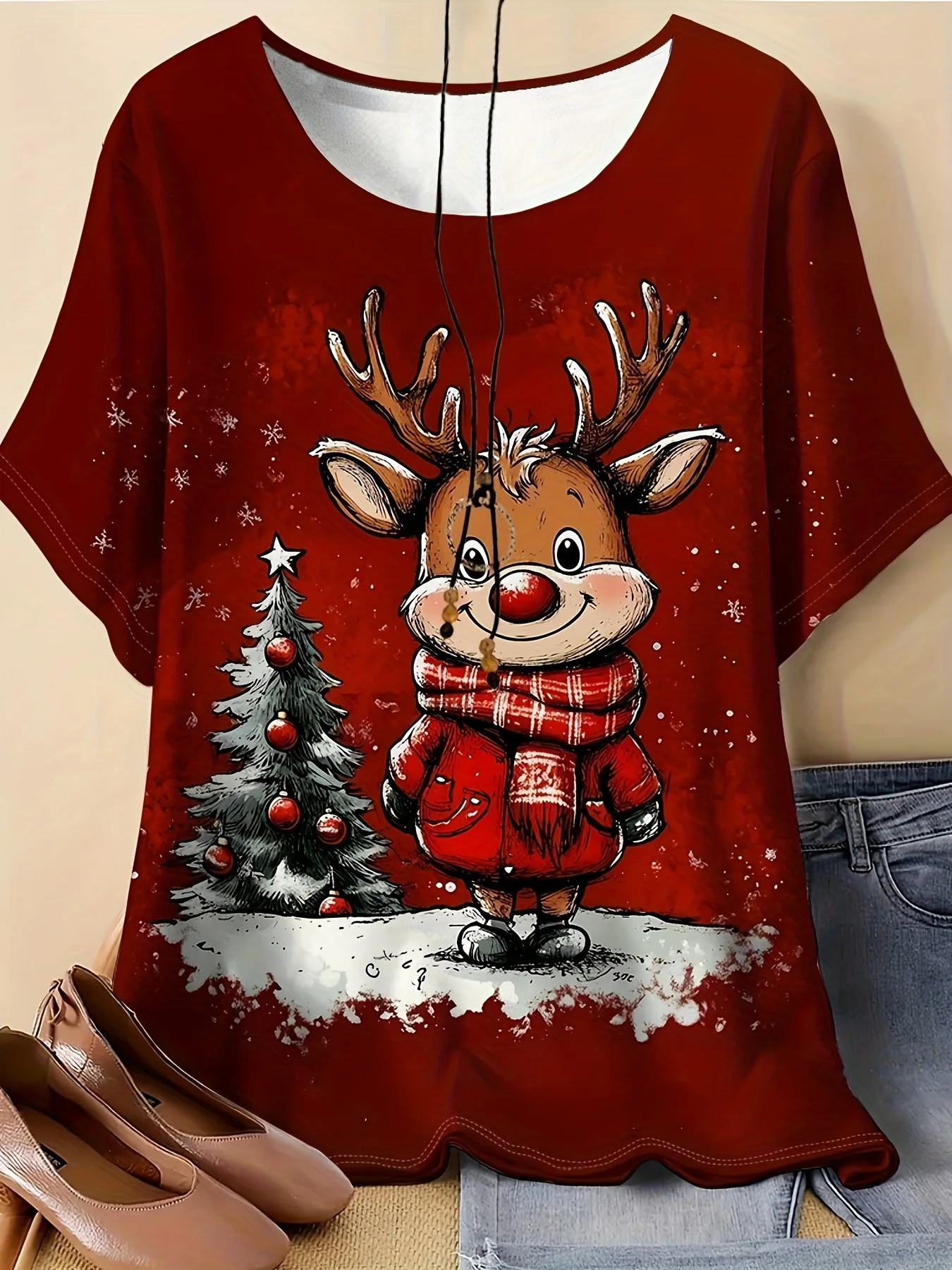 المرأة عيد الميلاد الرنة و رودولف تي شيرت مطبوع كم قصير رقبة مستديرة رداء علوي غير رسمي حفلات عيد الميلاد زي Y2k ملابس السيدات