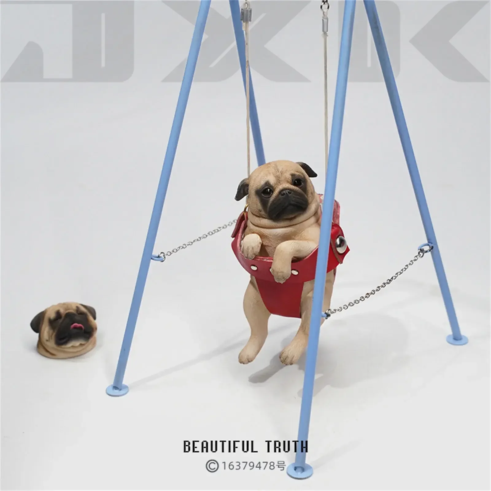 JXK 1/6 Pug on the Swing Model Cute Dog Animal Figure Soldier Accessory Desk Scene Decoration  Educational Birthday Gift Toy