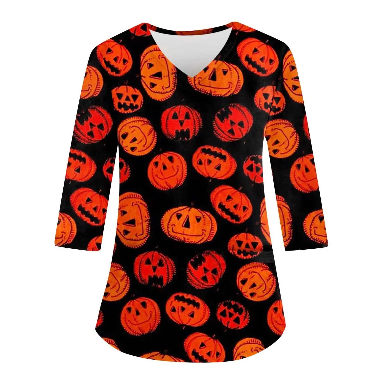 Cross Border Women's 2024 Fashion Digital Printed Fashionable Casual Color Blocked Halloween Long Sleeved Workwear Minimalist