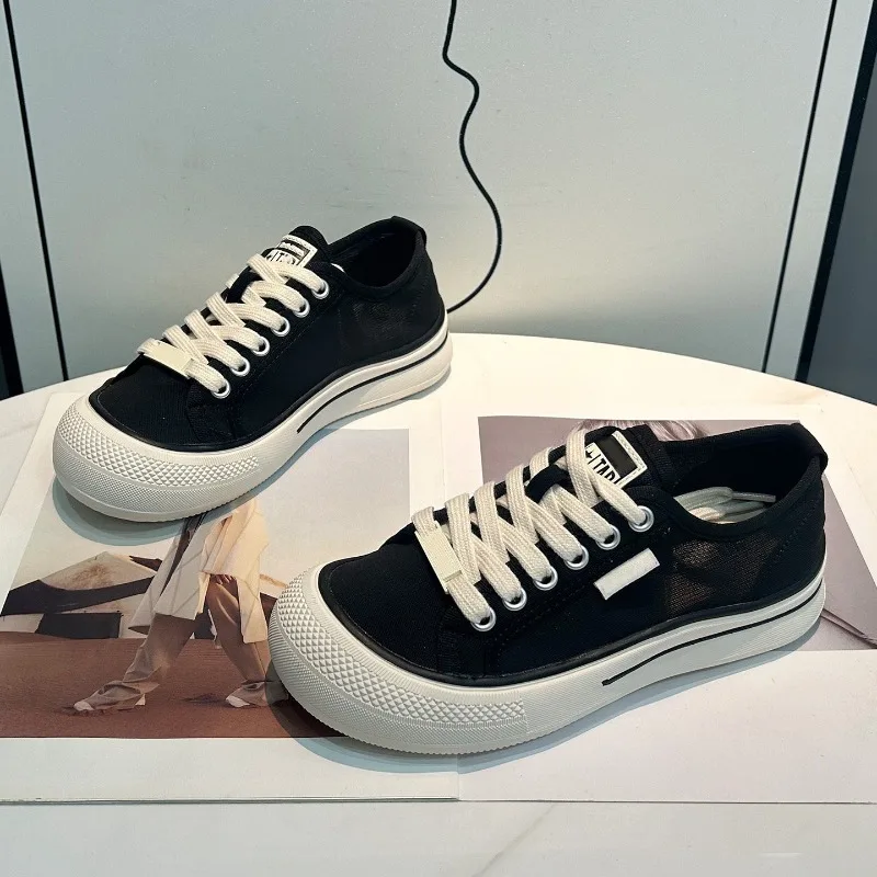 Womens Canvas Platform Sneakers Off White Low Top Lace Up Thick Sole Contrast Trim Retro Streetwear Non Slip Daily Walking Shoes