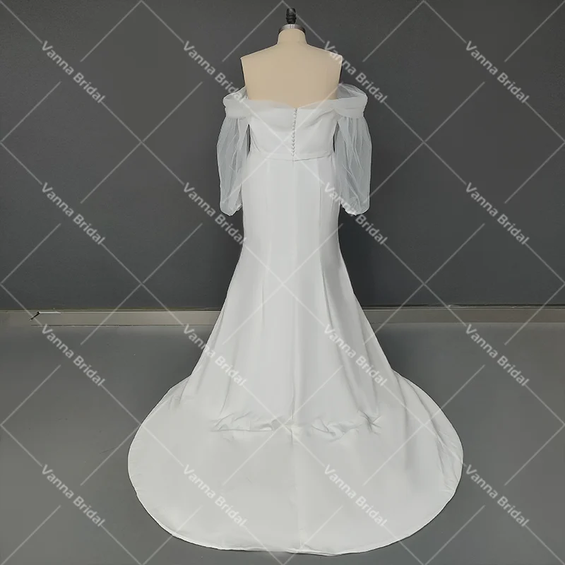 Prawdziwe zdjęcia minimalistyczny Off The Shoulder Ruched tiulowe długie bufiaste rękawy suknia ślubna syrenka V Neck dostosowana suknia ślubna