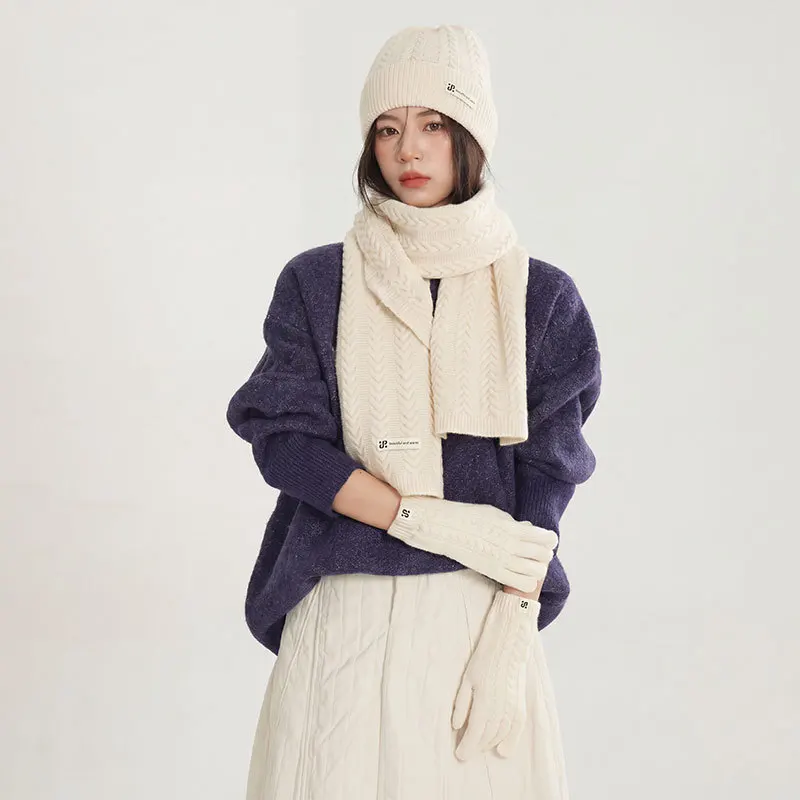 Winter Korean Version Knitted Scarf  Gloves Hat Three-piece Set Women's Fashion Versatile High-end Sense Solid Color Bow Scarf
