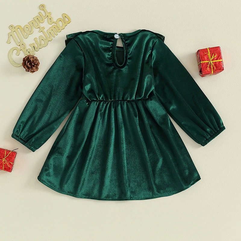 Baby Girl Christmas Dress Fashion Infant Ruffle Long Sleeve Round Neck A-Line Dress Toddler Velvet Dress Princess Party Clothes