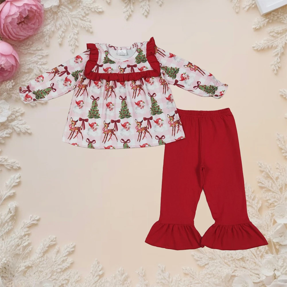 

Wholesale Baby Girl Clothes Christmas Long Sleeve Tunic Bell Bottoms Sets Boutique Toddler Kids Fall Winter Santa Trees Outfits