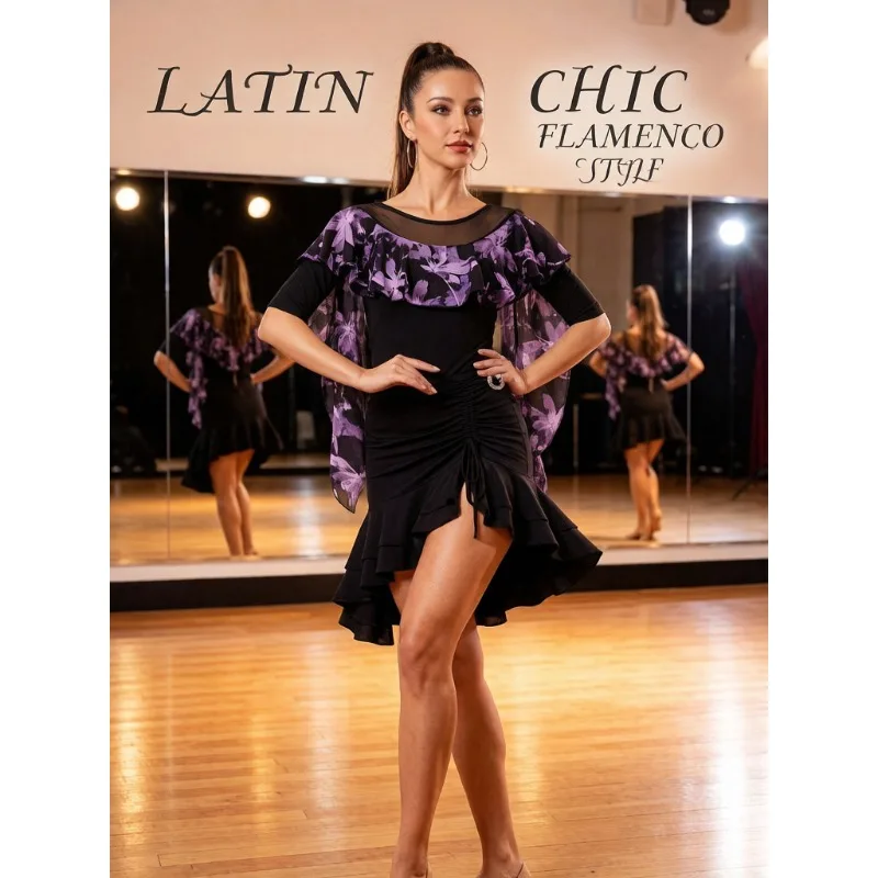 

Printed Round Neck Latin Ballroom Dance Top M-3XL Women Drawstring Skirt S-3XL Adult Fashion Professional Training Stage Costume