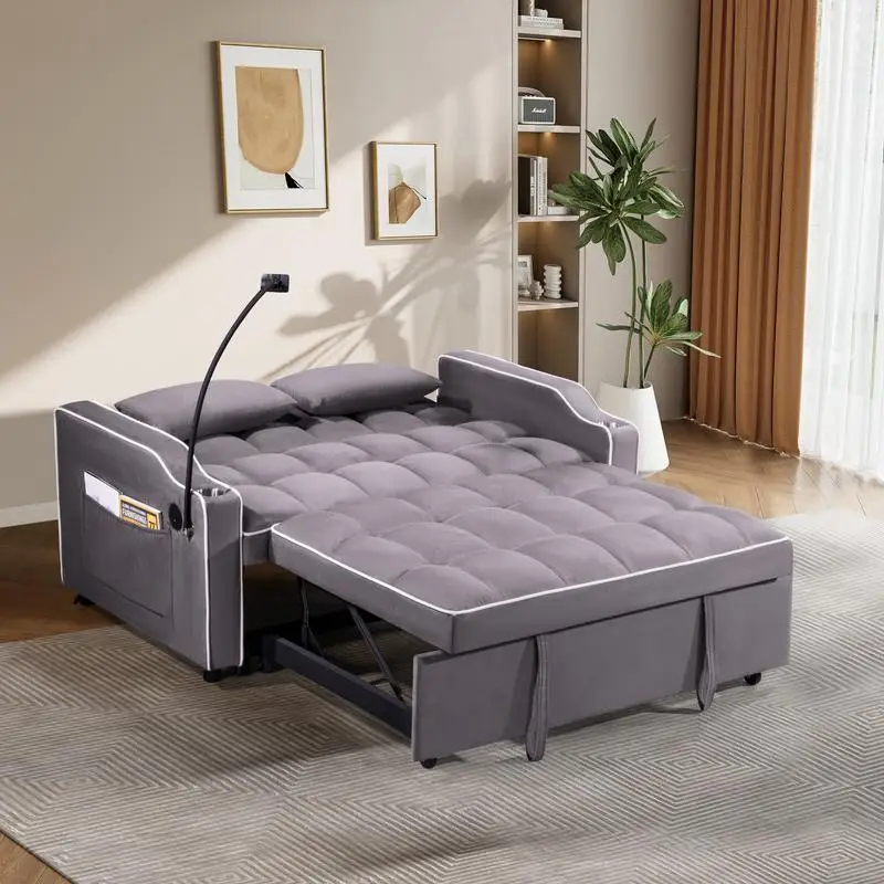 Multi-Functional Foldable Sofa Bed, 3 Sizes, Modern Design, Upgraded Suede Fabric, Adjustable Backrest, USB Port, Ashtray,