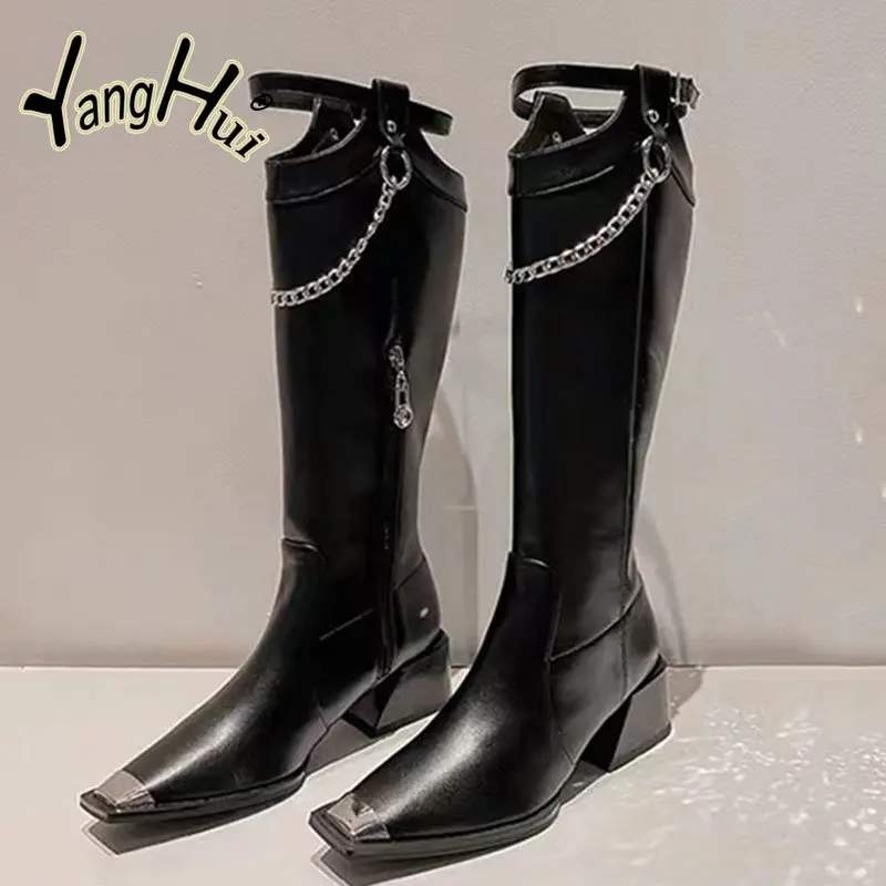 Knee-high Street Style Modern Boots 2023 New Irregular Chain Accessories Side Zipper Square Toe Thick Heel Pumps Shoes Winter