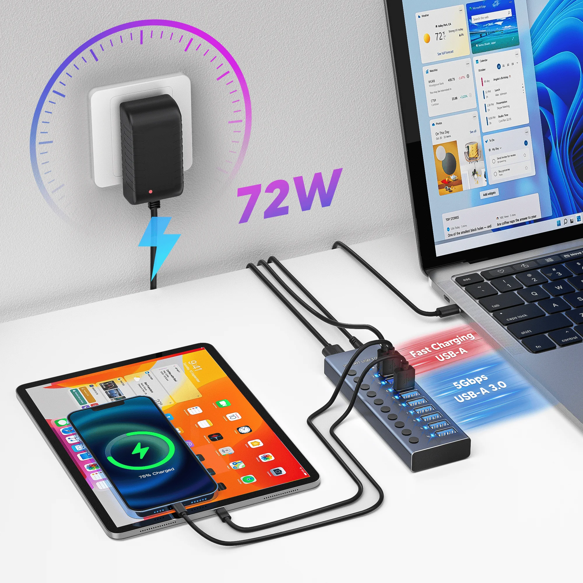 شاحن متعدد المنافذ ذو 10 منافذ مع محطة إرساء USB 3.0 HUB من النوع C جهاز شحن محور الكمبيوتر لأجهزة USB-C