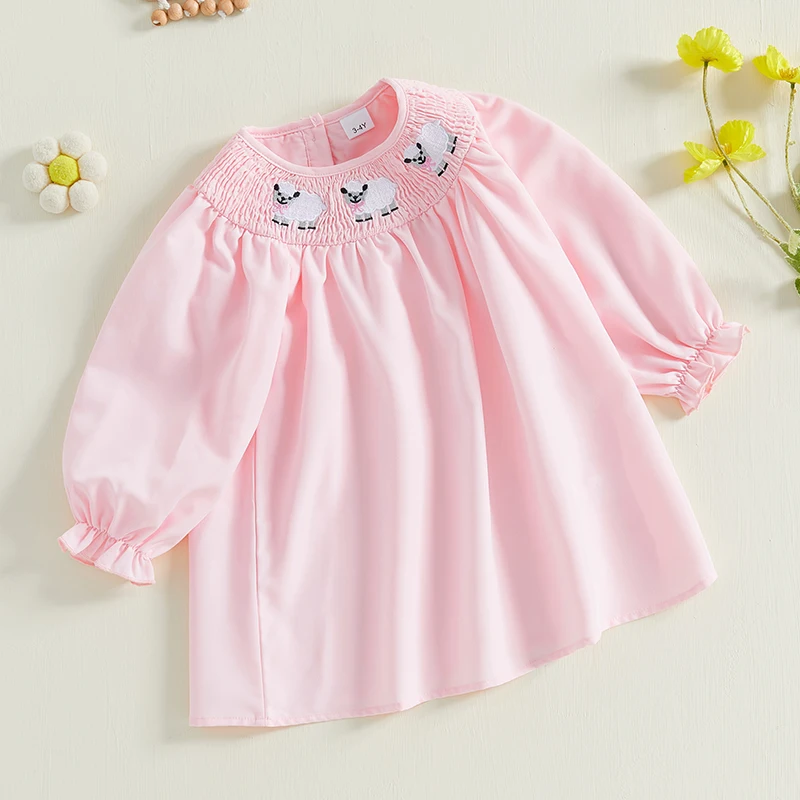 Autumn Kid Girls Dress A-line Long Sleeve Round Neck Sheep Embroidery Princess Dresses