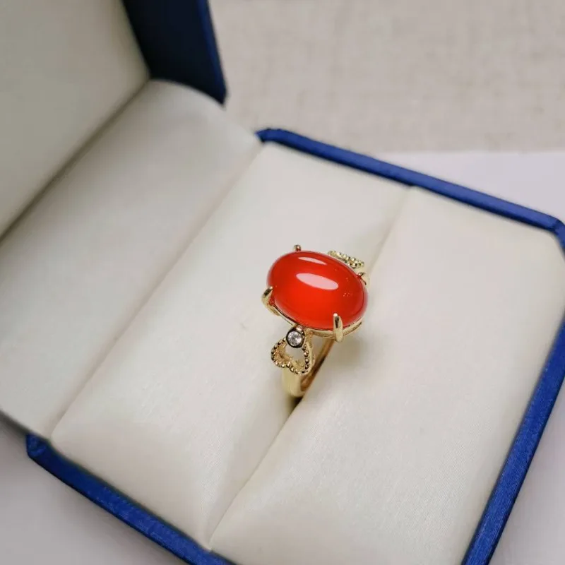 Natural Ice Color Chalcedony Inlaid High Ice Red Women's Versatile Ring