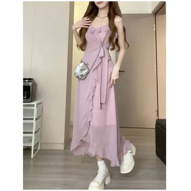 Ruffled thin cardigan over a pure desire ruffled V-neck maxi slip dress 2