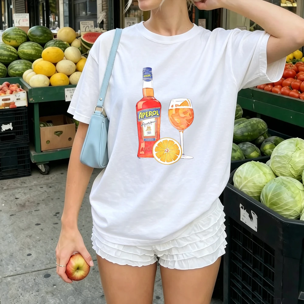 Aperol Spritz Orange Liquor Bottle and Glass Watercolor Graphic T-Shirt Italian Cocktail Drink Print Vacation Beach Casual Tops