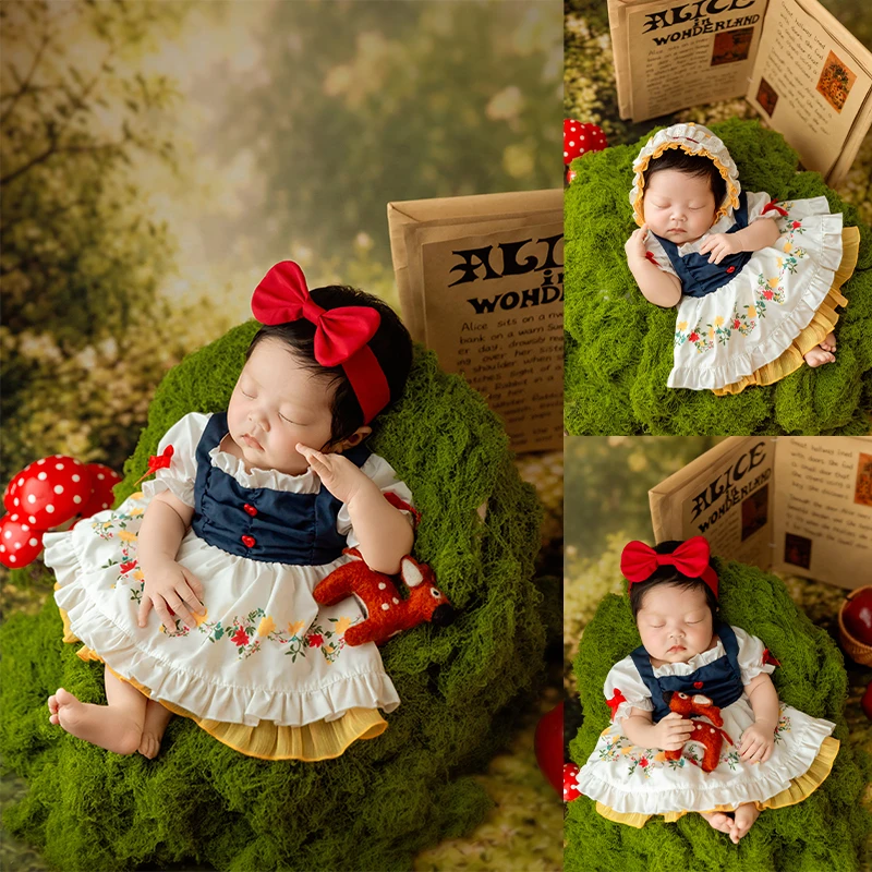 Baby Newborn Photoshoot Outfit Snow White Princess Dress +Bow Headband +Hat 3Pcs 0-1M Infant Girl Photo Studio Shooting Costume