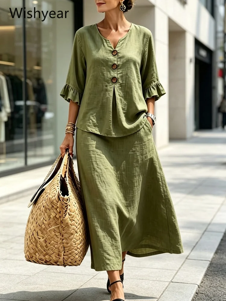 Women Casual Two Piece Maxi Skirt Set Green Short Sleeve Button Top and Loose Fit Dress Summer Outfit for Daily Beach Party Wear