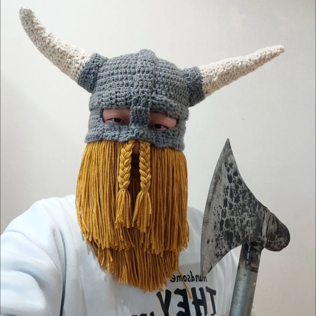 手作りバイキングニット帽ウールキャップ秋冬ファッションアクセサリー角とひげ付きハロウィンコスチュームユニセックス