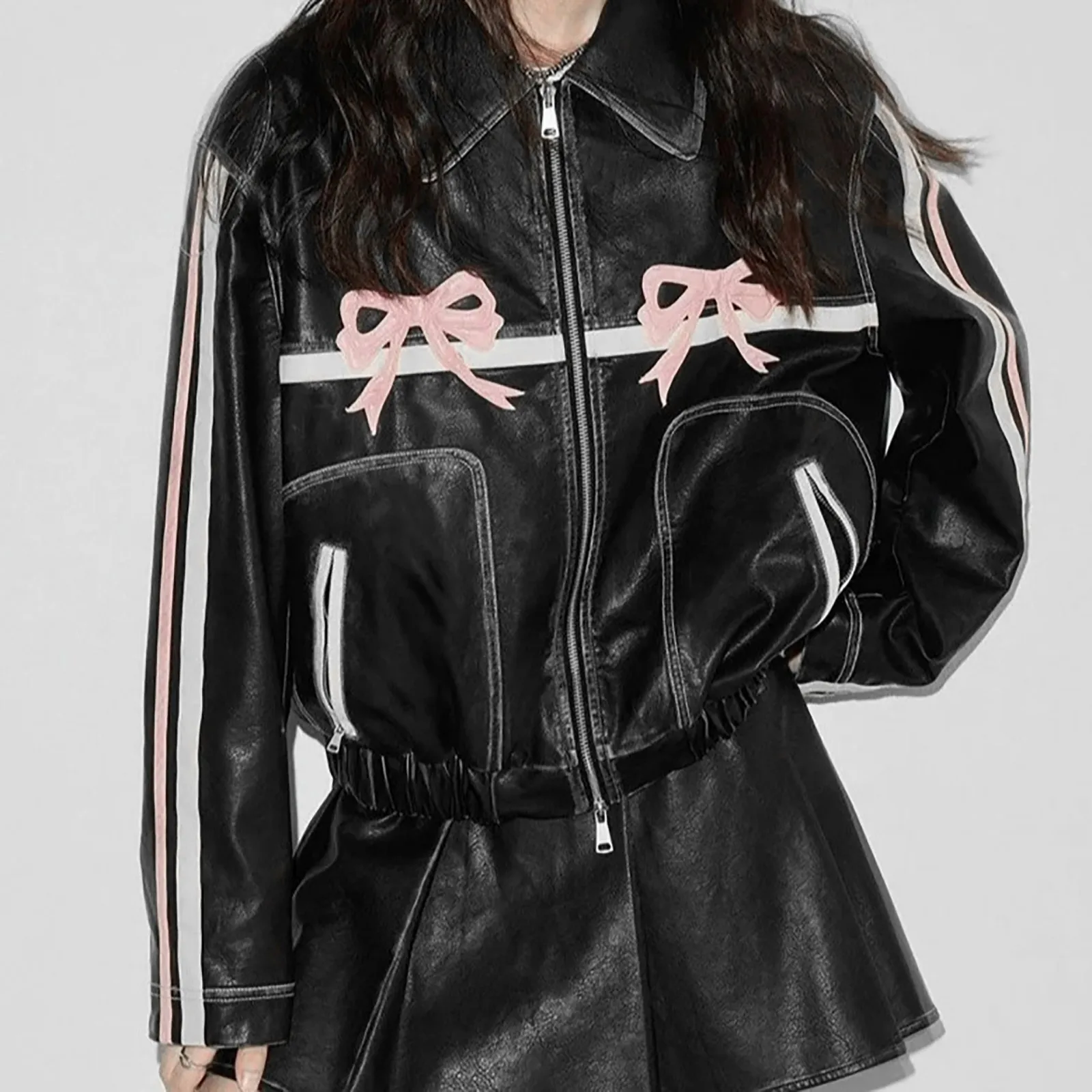 Contrast Hip Hop Spice Girl Pink Bow Motorcycle Leather Jacket Women Fashion Zipper PU Coat Loose Street Fashion Jacket Top