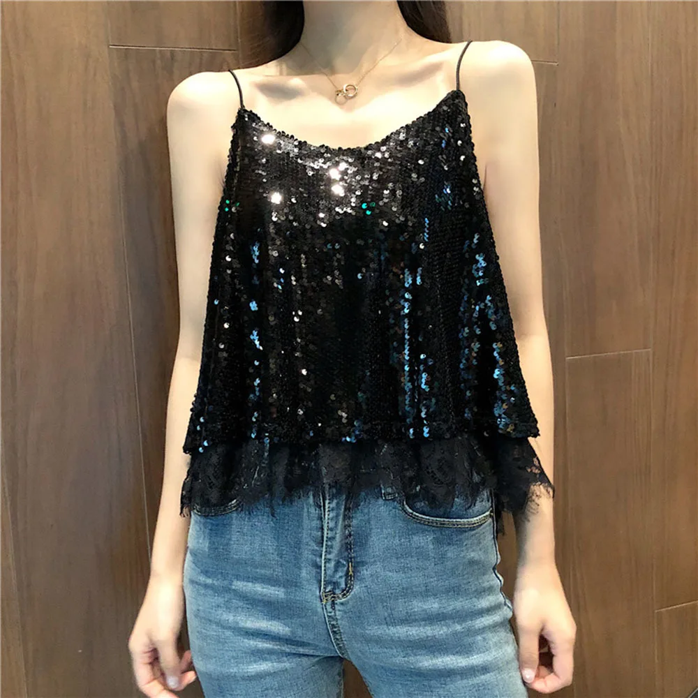 Sexy Glittering Knitted Tank Tops Women Camisole Vest Gold Thread Top Vest Sequined Stretchable Slim Tops
