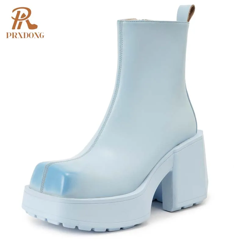 

PRXDONG New Brand Autumn Winter Warm Shoes 2024 Genuine Leather Chunky High Heels Platform Black Blue Dress Casual Ankle Boots